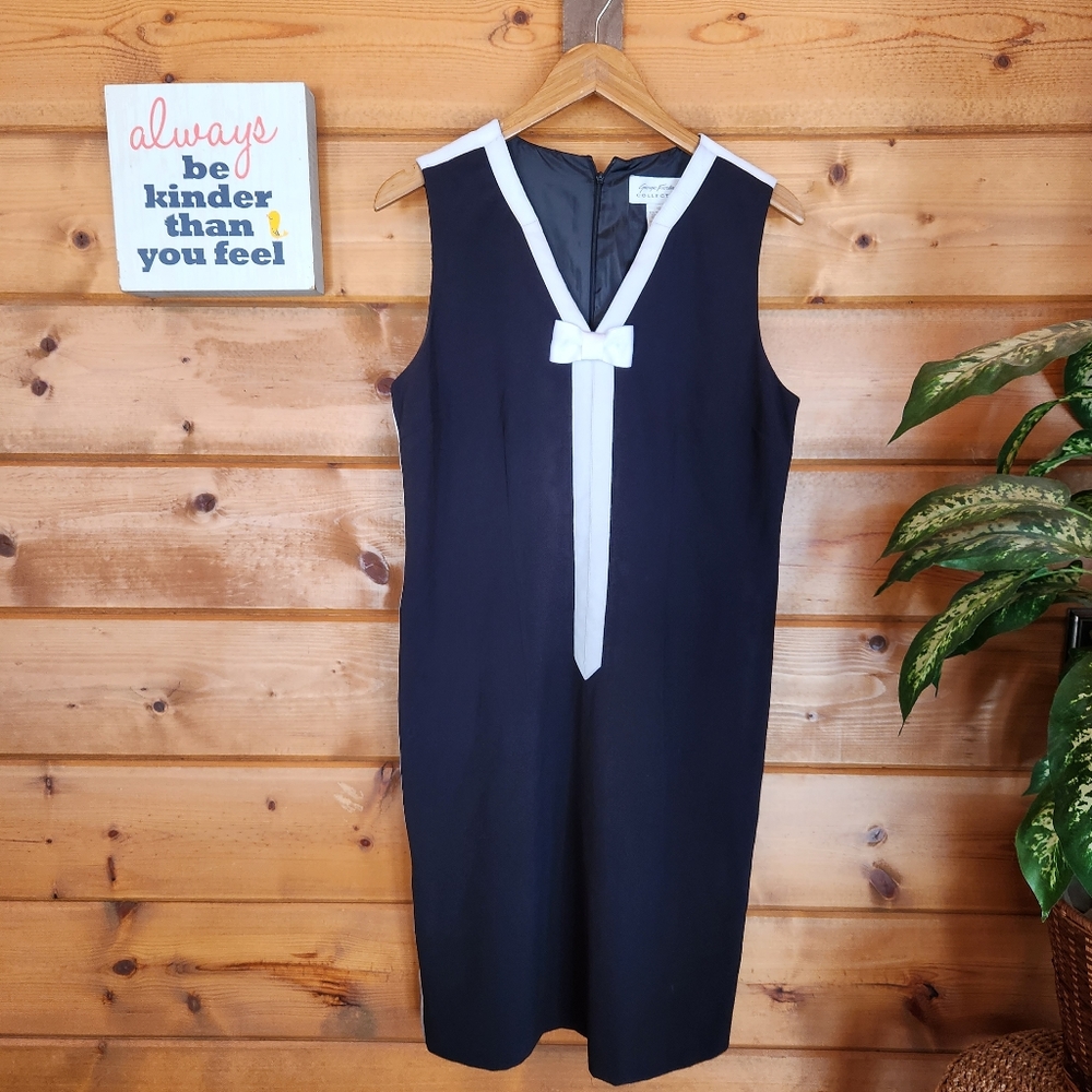Giorgio Fiorlini 💜 Black A-line Black Shift Dress White Ribbon Trim VNeck Sz 12